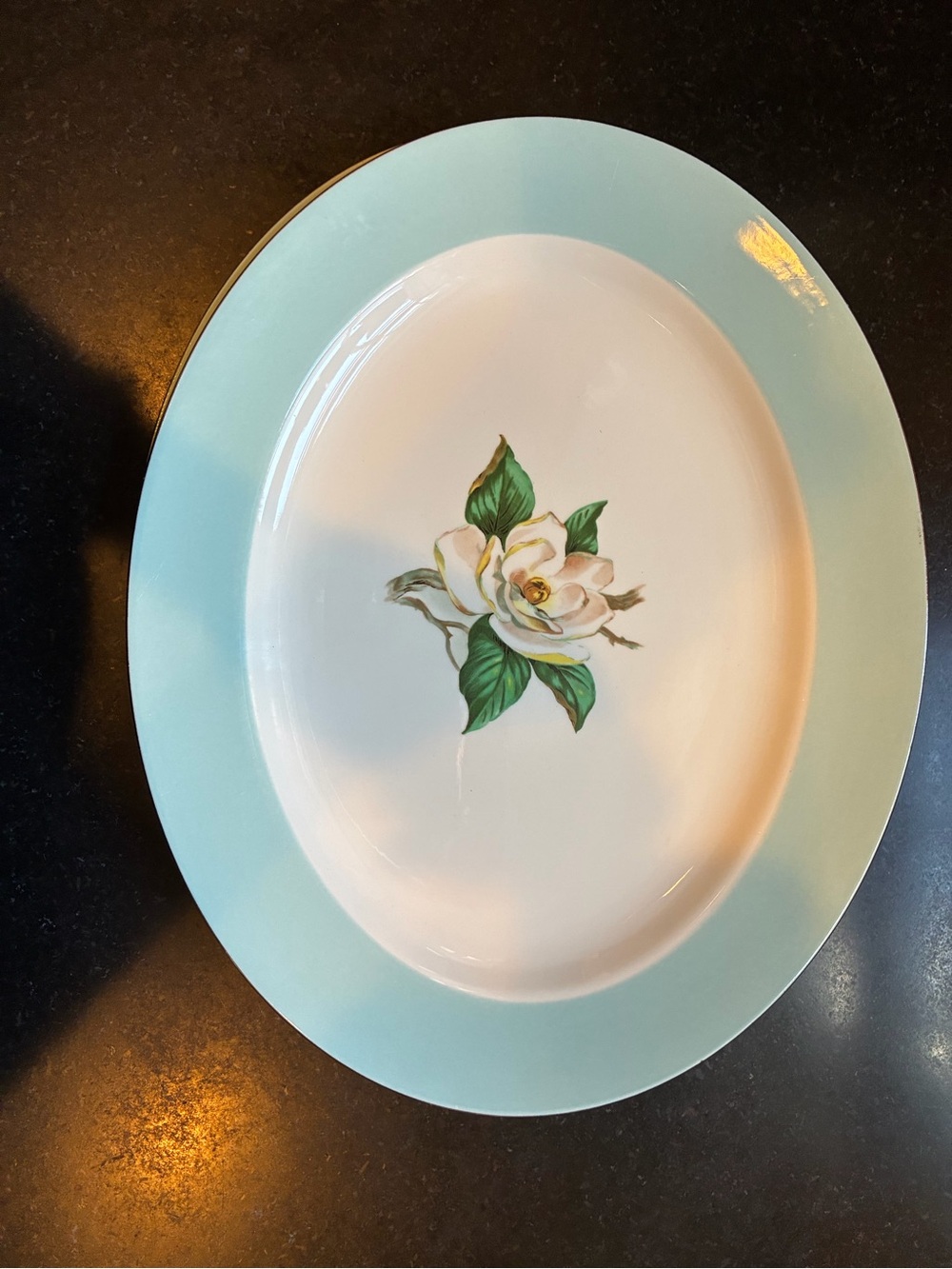 Vintage Porcelain Oval Serving Platter with White Magnolia and Aqua Rim